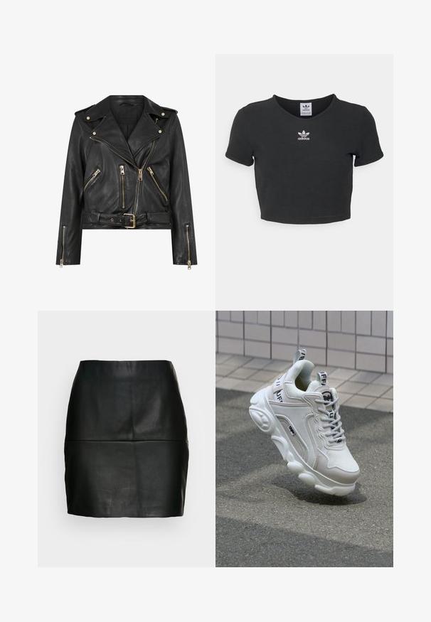 Juodas odinis motociklininko švarkas su prigludusia danga, auksinėmis užtrauktuko detalėmis, keliais priekiniais užtrauktukais, ir dirželiu ties liemeniu. Yra pečių epauletai.; Juodas trumpas medvilninis marškinėliai, turintys apvalų kaklą ir trumpas rankoves. Centre yra baltas išsiuvinėtas "Adidas" logotipas.; Juoda odinė mini sijonas su lygiu paviršiumi, prigludusia siluetu ir siūlų detale juosmens srityje. Nėra matomų užsegimų.; Balti sportbačiai iš tinklinės ir odinės medžiagos, su apvaliu pirštu, storu padu, išryškintais raišteliais ir ženklinimu ant kulno bei liežuvėlio.