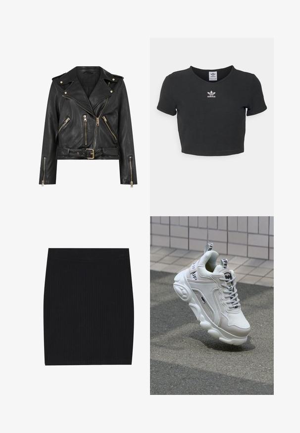 Fekete bőr motoros dzseki, testre szabott fazonnal, arany színű cipzárakkal, több elülső cipzáras zsebbekkel és övvel ellátott derékkal. Vállgallérral rendelkezik.; Fekete, farmerhez illő, rövid ujjú pamut póló, kerek nyakkivágással. A közepén fehér, hímzett Adidas logó található.; Fekete bordázott kötött mini szoknya, amely testhez simuló fazonnal, sima textúrával és kényelmes, rugalmas derékkal rendelkezik.; Fehér sneaker, hálós és bőr anyagokból, kerek orral, vastag talppal, feltűnő fűzőkkel és logóval a sarokon és a nyelven.