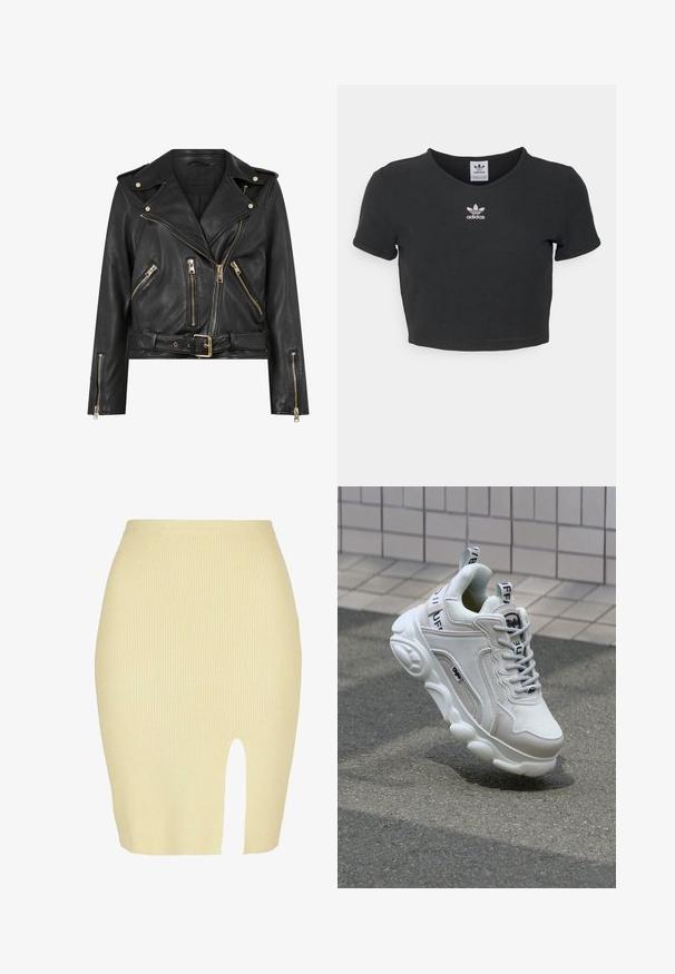 Veste de motard en cuir noir avec un design ajusté, matériel à fermeture éclair doré, plusieurs poches zippées à l'avant et une taille ceinturée. Comprend des épaulettes.; T-shirt noir court en coton, avec un col rond et des manches courtes. Le centre présente un logo Adidas brodé en blanc.; Jupe midi côtelée en jaune clair avec un détail fente à l'avant, arborant une silhouette ajustée et une texture douce.; Sneaker blanc en matériaux mesh et cuir, bout arrondi, semelle épaisse, lacets proéminents et marqué au talon et sur la languette.