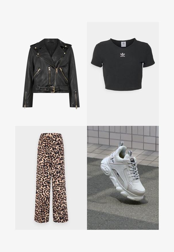 Veste de motard en cuir noir avec un design ajusté, matériel à fermeture éclair doré, plusieurs poches zippées à l'avant et une taille ceinturée. Comprend des épaulettes.; T-shirt noir court en coton, avec un col rond et des manches courtes. Le centre présente un logo Adidas brodé en blanc.; Pantalons à jambes larges en tissu doux à imprimé léopard dans des tons beige chaud et marron foncé, avec une taille élastique pour plus de confort.; Sneaker blanc en matériaux mesh et cuir, bout arrondi, semelle épaisse, lacets proéminents et marqué au talon et sur la languette.