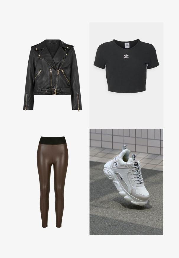 Zwarte leren motorjack met een aansluitend ontwerp, gouden ritsaccessoires, meerdere voorzakken met rits en een verstelbare taille. Voorzien van schouderepauletten.; Zwart cropped t-shirt van katoen, met een ronde hals en korte mouwen. In het midden bevindt zich een witte geborduurde Adidas-logo.; Bruine nepleer leggings met een hoge zwarte tailleband, voorzien van een gladde, glanzende afwerking en een aansluitend ontwerp naar de enkel.; Witte sneaker van mesh en leer, met een ronde neus, dikke zool, opvallende veters en merklogo op de hak en tong.