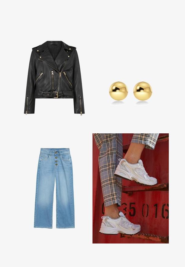 Črna usnjena motoristična jakna s prilegajočim dizajnom, z zlatim zadrgo, več sprednjimi žepnimi zadrgami in pasom, ki se lahko nastavi. Značilne so ramenice.; Bela rebrasta majica bez rukava z čipkastim obodom na izrezu in rokavih. Ima mehko teksturo in prilegajočo obliko. Znamka vidna znotraj.; Svetlo modri široki džins hlače iz denima, z visokim pasom, s petimi gumbi na sprednji strani in dvema sprednjima žepoma. Gladka tekstura po celotni površini.; Bele mrežne superge s srebrnimi detajli in teksturirano podplatom, postavljene na rdeči površini, v kombinaciji s karirastimi hlačami.; Zlate okrogle uhane z sijočo, odsevno površino. Oblika je preprosta in gladka, kar ustvarja sodoben, minimalističen videz.