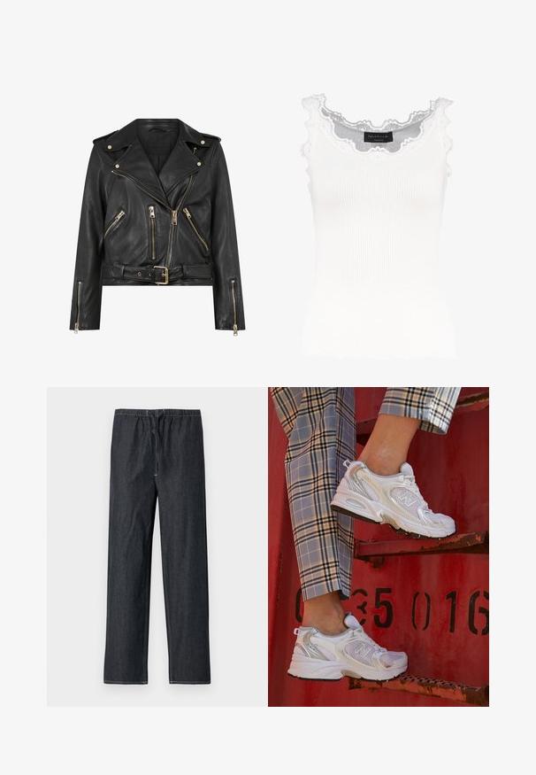 Svart läderbikerjacka med figursydd design, guldfärgad dragkedja, flera framfickor med dragkedja och midja med bälte. Har axelepåletter.; Vit ribbad linne med spetsdetaljer vid halsringningen och ärmarna. Har en mjuk textur och en figurnära passform. Märkessymbol synlig inuti.; Mörkblå denimbyxor med resår i midjan och dragsko, med raka ben och kontrasterande sömmar.; Vita nät-sneakers med silverdetaljer och en texturerad sula, placerade på en röd yta, tillsammans med rutiga byxor.