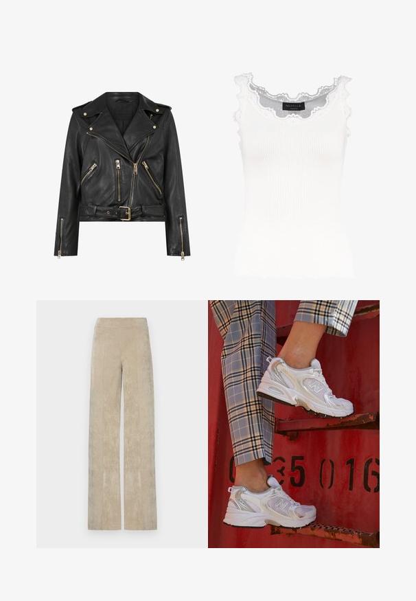 Crna kožna biker jakna sa tijesnim dizajnom, zlatnim patentnim zatvaračem, više prednjih džepova na patentni zatvarač i pojasom u struku. Ima epaulete na ramenima.; Bijela rebrasta majica bez rukava s čipkastim rubovima na izrezu i rukavima. Ima mekanu teksturu i prilagođen oblik. Oznaka branda vidljiva unutra.; Hlače širokog kroja visoko strukirane u svijetlo bež korduru, s vertikalnim rebrima i mekanom teksturom. Ravan pojas za udobnost.; Bijele mrežaste tenisice sa srebrnim akcentima i teksturiranom potplatom, postavljene na crvenu površinu, u kombinaciji s kariranim hlačama.