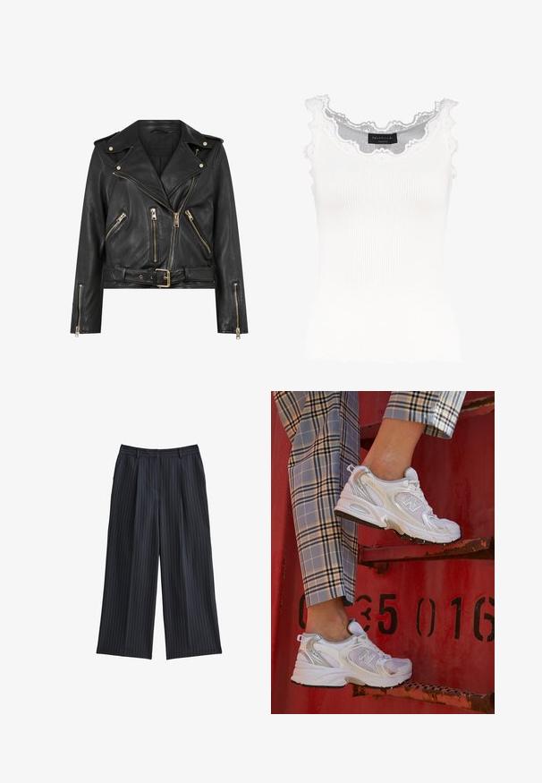 Czarna skórzana kurtka motocyklowa o dopasowanym kroju, ze złotymi zamkami, wieloma przednimi kieszeniami na zamek i paskiem w talii. Wyposażona w naramienniki.; Biały prążkowany top na ramiączkach z koronkowym wykończeniem przy dekolcie i rękawach. Posiada miękką teksturę i dopasowany krój. Wewnątrz widoczna metka marki.; New Look WIDE granatowy; Białe siatkowe sneakersy z srebrnymi akcentami i teksturowaną podeszwą, umieszczone na czerwonej powierzchni, w połączeniu z materiałowymi spodniami w kratę.