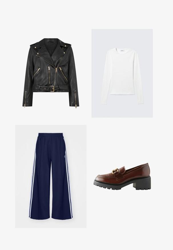 Black leather biker jacket with a fitted design, gold zip hardware, multiple front zip pockets, and a belted waist. Features shoulder epaulets.; Long-sleeve white crew neck T-shirt with a "WEEKDAY" label on the inside collar, laid flat on a light gray background.; adidas Originals PANT - Tracksuit bottoms - night indigo; Brown leather loafer with a rounded toe, decorative gold hardware, and a thick black platform sole with a textured finish.