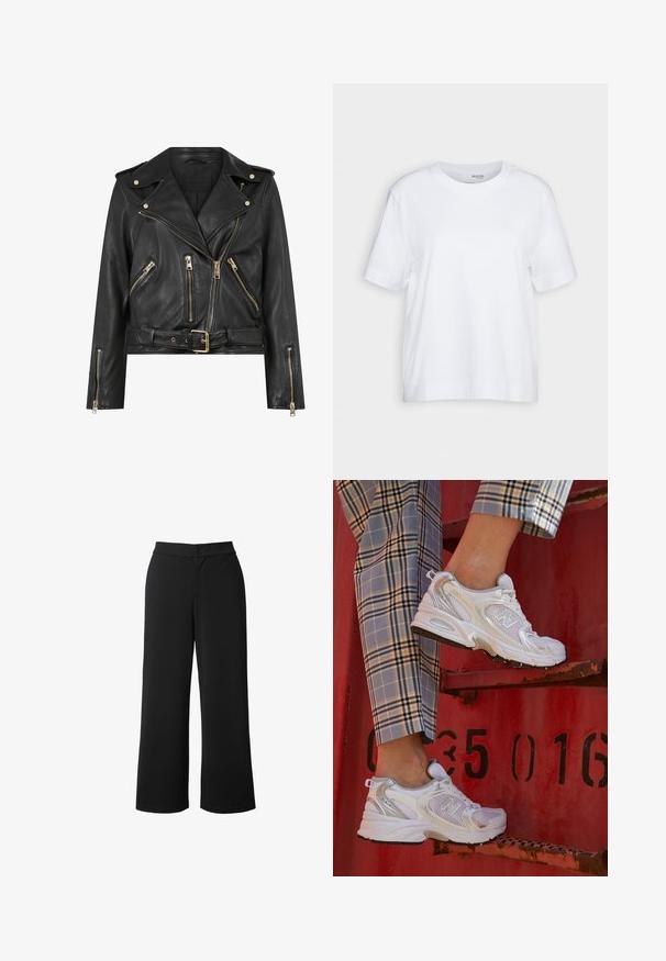 Mustat nahkainen moottoripyörätakki, jossa on istuva muotoilu, kultaiset vetoketjivarusteet, useita etupuolen vetoketjullisia taskuja ja vyötäröllä oleva vyö. Varustettu olkaimia.; Valkoinen lyhythihainen t-paita, pyöreä kaula-aukko, pehmeästä ja sileästä puuvillakankaasta valmistettu, suora helma ja minimalismi yksityiskohdissa. Yksinkertainen ja monikäyttöinen muotoilu.; Mustia leveälahkeisia housuja, jotka on valmistettu sileästä ja kevyestä kankaasta. Housuissa on edessä nappisulku ja sivutaskut käytännöllisyyden vuoksi.; Valkoiset verkkokengät hopea-yksityiskohdilla ja teksturoidulla pohjalla, aseteltuna punaiselle pinnalle, yhdistettynä ruudullisiin housuihin.