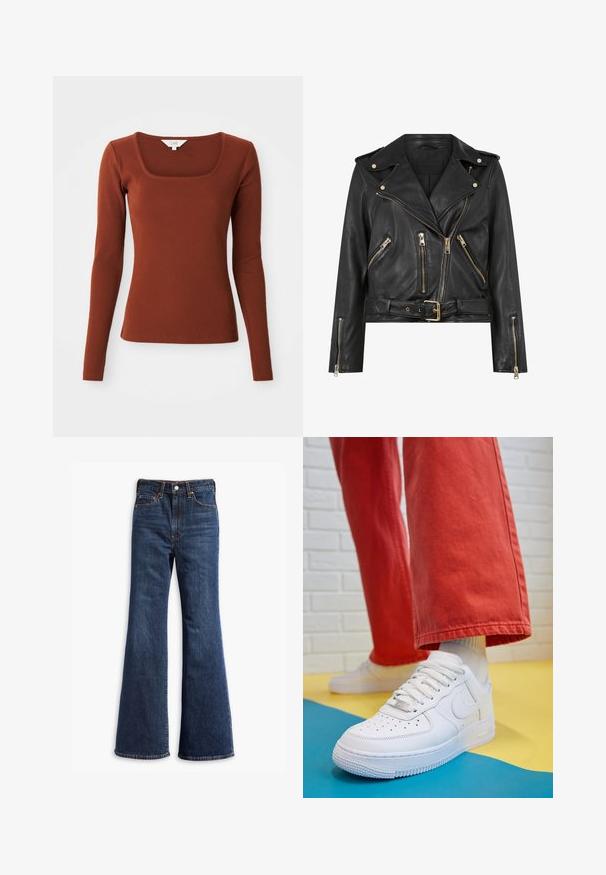 Black leather biker jacket with a fitted design, gold zip hardware, multiple front zip pockets, and a belted waist. Features shoulder epaulets.; Rust-colored ribbed long-sleeve top with a square neckline, fitted silhouette, and a small brand label at the collar.; White long-sleeve shirt with a collared neckline, featuring eyelet embroidery in a paisley pattern and button closures down the front.; High-waisted dark blue denim jeans with flared legs, front button and zipper closure, and five-pocket design.; White leather sneaker with perforated toe box, textured sole, and white laces, paired with wide red pants and a blue and yellow background.