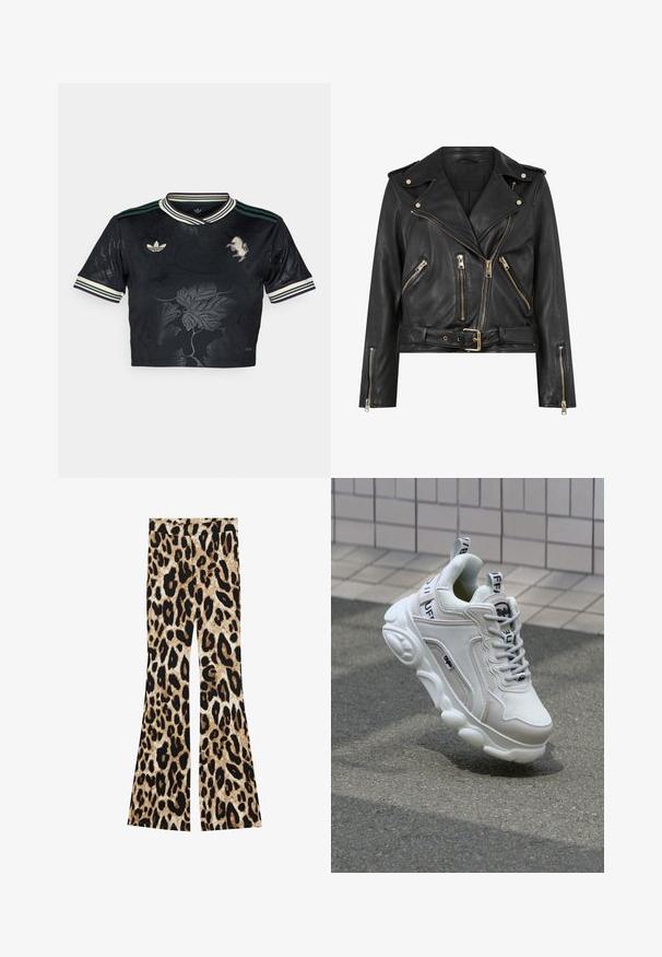 Čierna kožená motorkárska bunda s priliehavým strihom, zlatým zipsom, viacerými prednými zipsovými vreckami a opaskom v páse. Obsahuje ramenné epolety.; Čierny krátky dres s kvetinovým reliéfnym dizajnom, tri pruhy na rukávoch, vyšívané logo a kontrastný zelený a biely golier.; Rozšírené nohavice s leopardím vzorom v čiernych a hnedých odtieňoch, rebrovanou textúrou a vysokým pásom.; Biele tenisky s materiálmi z textilu a kože, okrúhla špička, hrubá podrážka, výrazné šnúrky a značka na päte a jazyku.