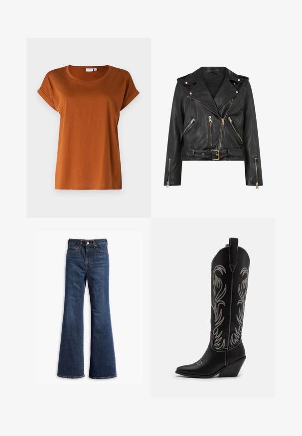 Must tanutav must nahk-biker jakki, millel on sobiv disain, kuldne tõmblukk, mitu eesmist tõmblukku taskut ja vööga talje. Omab õlavarre epauletti.; VILA VIDREAMERS NEW NOOS - Lihtne T-särk - caramel café; Kõrgelt talje sinised teksapüksid, flöödid säärtedega, ees nupuga ja tõmbluku sulgemine ning viie-tasku disain.; Mustad mustad nahast cowboy saapad terava ninaga, vööndkanna ja hõbedaste tikanditega lillemustritega varred. Kontrastõmblused üle kogu.