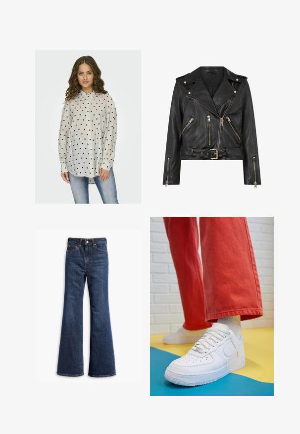 Chaqueta de motorista de cuero negro con un diseño ajustado, herrajes de cremallera dorada, múltiples bolsillos delanteros con cremallera y una cintura con cinturón. Presenta epaulets en los hombros.; Camisa ligera y transparente con cuello, con fondo blanco y lunares negros. Mangas largas con puños abotonados.; Jeans de mezclilla de tiro alto en azul oscuro, con piernas acampanadas, cierre delantero de botón y cremallera, y diseño de cinco bolsillos.; Zapatilla de cuero blanco con caja de dedos perforada, suela texturizada y cordones blancos, combinada con pantalones rojos amplios y un fondo azul y amarillo.