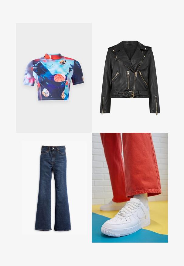 Černá kožená motorkářská bunda s přiléhavým střihem, zlatým zipem, několika předními zipovými kapsami a páskem v pase. Obsahuje ramenní epauletky.; Krátký rukáv cropped top z elastického, hladkého materiálu s živým multikolórovým potiskem a motivy basketbalu, doplněný vysokým límcem.; Džínové kalhoty s vysokým pasem v tmavě modré barvě, s rozšířenými nohavicemi, předním zapínáním na knoflík a zip, a designem s pěti kapsami.; Bílé kožené tenisky s perforovanou špičkou, texturovanou podešví a bílými tkaničkami, v kombinaci s širokými červenými kalhotami a modro-žlutým pozadím.