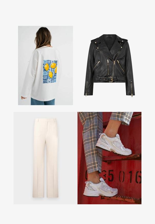 Black leather biker jacket with a fitted design, gold zip hardware, multiple front zip pockets, and a belted waist. Features shoulder epaulets.; White oversized sweatshirt with long sleeves featuring a blue and white patterned graphic of four yellow lemons on the back.; Beige tailored trousers with a straight-leg design, made from lightweight fabric. Features front pleats and a classic waistband.; White mesh sneakers with silver accents and a textured sole, positioned on a red surface, paired with plaid trousers.