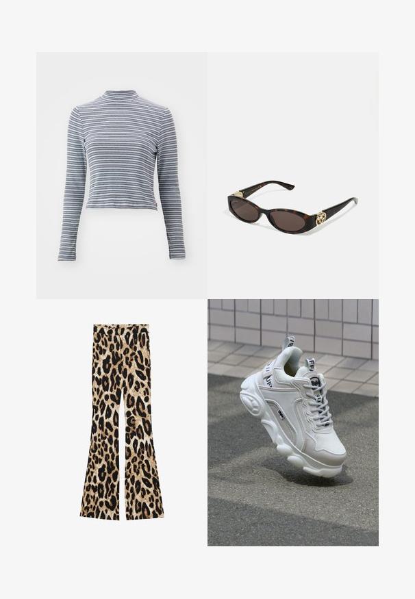 Schwarze Leder-Bikerjacke mit tailliertem Design, goldfarbener Reißverschlussbeschläge, mehreren vorderen Reißverschlusstaschen und einem taillierten Bund. Mit Schulterklappen.; Gestreiftes Langarm-Turtleneck-Oberteil aus weichem Stoff. Hat schmale horizontale schwarz-weiße Streifen und ein tailliertes Design.; Schlaghosen mit einem Leopardenmuster in Schwarz- und Brauntönen, gerippter Textur und hohem Taillendesign.; Weißer Sneaker aus Mesh- und Ledermaterialien, mit rundem Zehenbereich, dicker Sohle, auffälligen Schnürsenkeln sowie Branding an der Ferse und der Zunge.; Schildpatt-Sonnenbrille mit länglich-ovalen Gläsern, braunem Farbton, goldenen Logo-Akzenten an den Bügeln und schlanken schwarzen Bügeln.