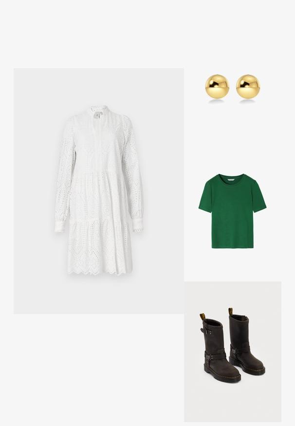 Giacca da motociclista nera in pelle con un design aderente, dettagli in metallo dorato, molteplici tasche frontali con zip e vita con cintura. Presenta spalline sulle spalle.; T-shirt verde a maniche corte realizzato in tessuto morbido. Presenta un collo rotondo e una vestibilità rilassata con bordi puliti. Nessun motivo o accento.; Abito bianco a maniche lunghe con motivo a occhio, scollatura alta e gonna a balze. Presenta un orlo ondulato e una leggera arricciatura in vita.; Stivali in pelle marrone scuro con design a metà polpaccio, cuciture gialle, cinturini con fibbia regolabile e maniglie nella parte superiore. Finitura texture.; Orecchini sferici color oro con una superficie lucida e riflettente. Il design è semplice e liscio, creando un aspetto moderno e minimalista.