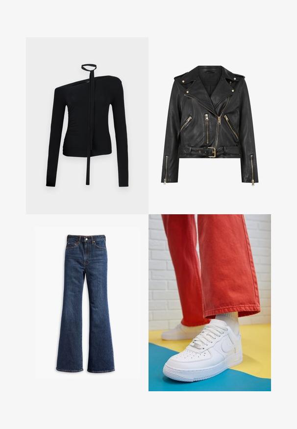 Juodas odinis motociklininko švarkas su prigludusia danga, auksinėmis užtrauktuko detalėmis, keliais priekiniais užtrauktukais, ir dirželiu ties liemeniu. Yra pečių epauletai.; Juodas ilgomis rankovėmis viršus, turintis asimetrinį iškirpimą, kaklo raištelio detalę ir raukšlėjimą vienoje pusėje, sukuriantį prigludusią siluetą.; Aukštos juosmens tamsiai mėlyni džinsai su pločio kojomis, priekinis mygtukas ir užtrauktukas, bei penkių kišenių dizainas.; Baltos odinės kedų sportbačiai su perforuotu pirštu, tekstūruota pado dalimi ir baltais raišteliais, derinami su plačiomis raudonomis kelnėmis ir mėlynos bei geltonos spalvų fono kompozicija.