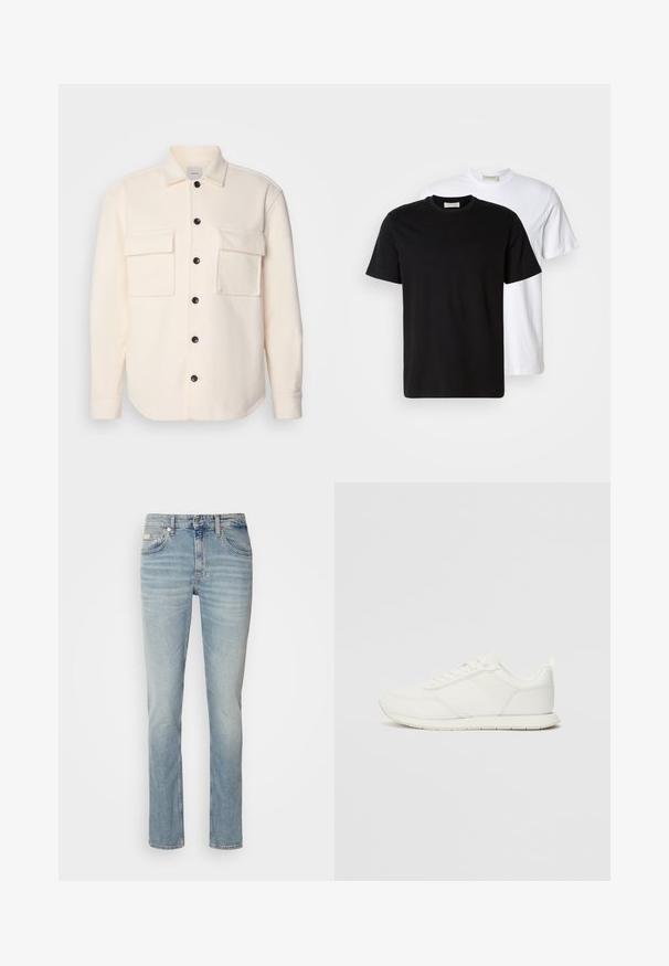Camisa de flanela creme com gola, dois bolsos no peito e botões pretos, apresentando uma textura suave e um corte reto.; Duas T-shirts de algodão lisas, uma preta colocada à frente de uma branca, ambas com mangas curtas e decotes redondos.; Jeans de ganga azul-claro com perna reta, design de cinco bolsos, lavagem desbotada e ferragens em cobre. Apresenta um fecho de botão e fecho de correr.; Sapatilha branca com parte superior em malha e sintético, bico arredondado, atacadores planos e uma faixa lateral texturizada. Sola em borracha com uma alça na parte de trás.