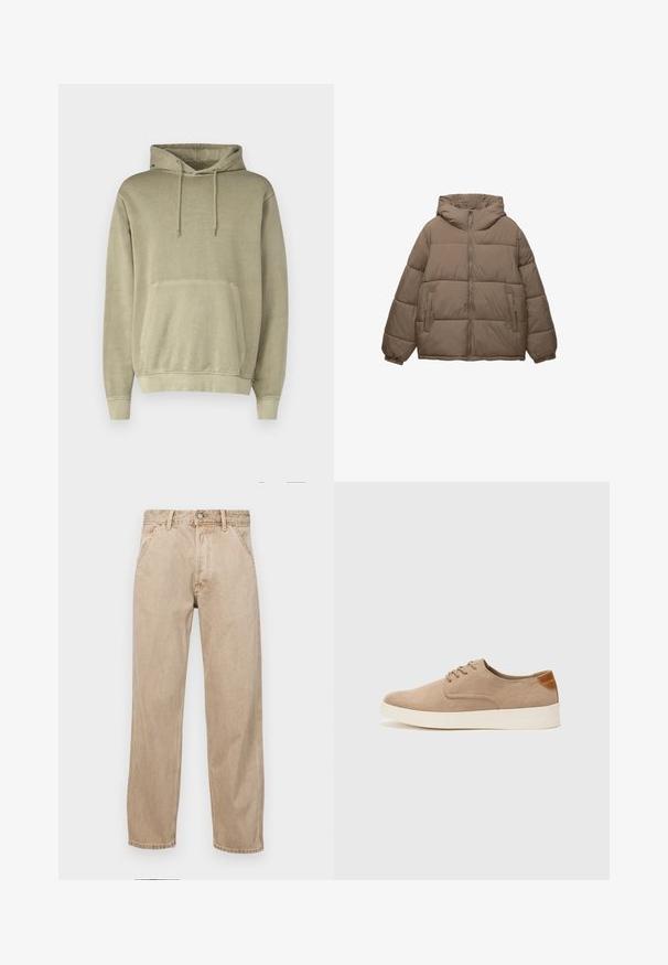 Taupe-farvet polstret jakke med frontlynlås, fast hætte, elastiske manchetter og to lynlåslommer, vist på hvid baggrund.; Khaki hættetrøje med snoretræk i hætten, kængurulomme og ribbede manchetter. Lavet af blødt stof med en glat tekstur.; Beige denimjeans med lige bendesign, med forlommer, metalknaplukning og subtil struktur.; Beige ruskinds sneakers med rund tå, snørebånd foran og en struktureret rygdetalje. Hvid gummisål giver kontrast. Enkel og moderne design.