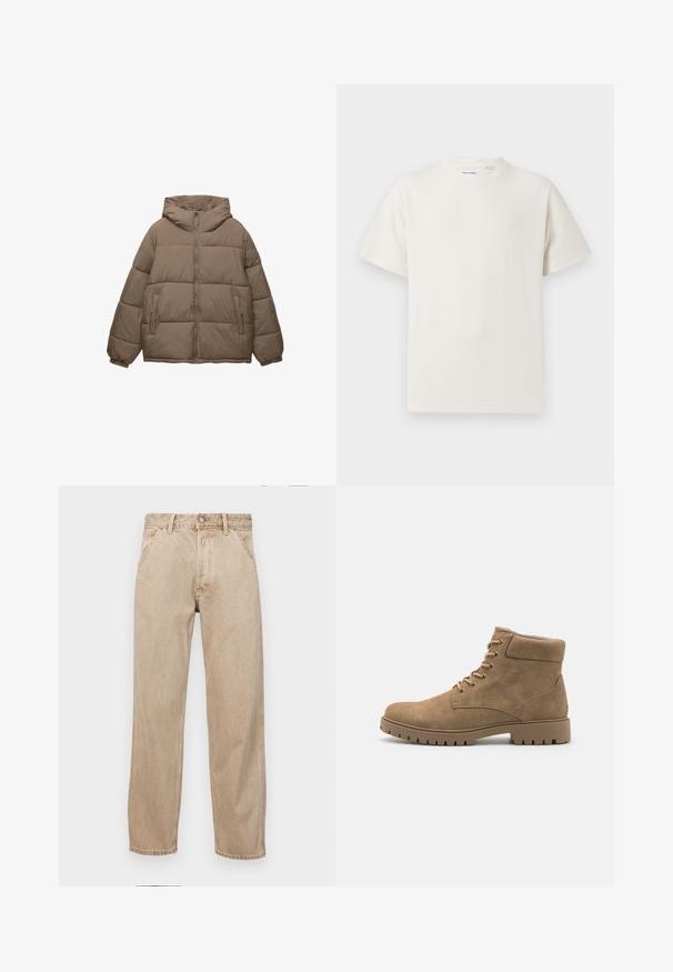 Taupe-farbene, gepolsterte Jacke mit Frontreißverschluss, abnehmbarer Kapuze, elastischen Bündchen und zwei seitlichen Reißverschlusstaschen, auf weißem Hintergrund präsentiert.; Weißes T-Shirt mit kurzen Ärmeln in gerippter Textur. Runder Ausschnitt, lockere Passform, keine sichtbaren Muster oder Akzente. Einfaches und vielseitiges Design.; Beige Denim-Jeans mit geradem Beinschnitt, ausgestattet mit Vordertaschen, einem Metallknopfverschluss und feiner Textur.; Beige Wildlederschuhe mit einer abgerundeten Zehenpartie, gepolstertem Schaft, sechs Paar Ösen und einer dicken Gummisohle mit geriffelter Struktur.