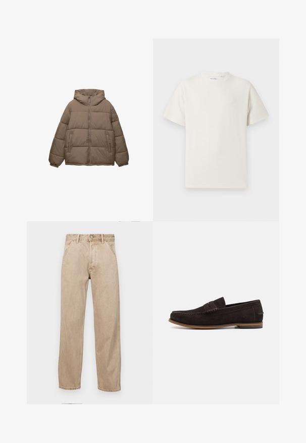 Giacca imbottita color taupe con zip frontale, cappuccio attaccato, polsini elasticizzati e due tasche laterali con zip, esposta su sfondo bianco.; T-shirt bianca a maniche corte in texture a coste. Girocollo, vestibilità rilassata, senza modelli o accenti visibili. Design semplice e versatile.; Jeans in denim beige con un design a gamba dritta, dotati di tasche frontali, chiusura con bottone metallico e una texture delicata.; Mocassini in suede marrone scuro con punta arrotondata, tomaia testurizzata e suola in gomma marrone chiaro. Presenta una fascia decorativa sulla parte anteriore.