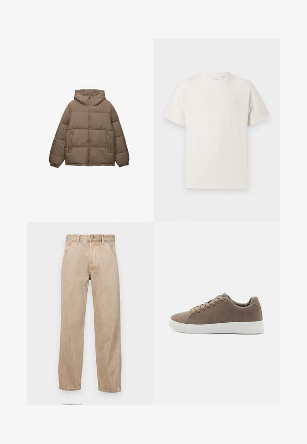 Jasně hnědá zateplená bunda s předním zipem, integrovanou kapucí, elastickými manžetami a dvěma bočními kapsami na zip, vystavená na bílém pozadí.; Bílý krátký rukáv tričko s pružnou strukturou. Kulatý výstřih, volný střih, bez viditelných vzorů nebo detailů. Jednoduchý a univerzální design.; Béžové džíny z denimu se středně širokým střihem, vybavené předními kapsami, kovovým zapínáním na knoflík a jemnou texturou.; Hnědé semišové tenisky s plochými bílými gumovými podrážkami, šněrovacím designem, zaoblenou špičkou a hladkým povrchem. Minimalistický styl s decentními stehy.