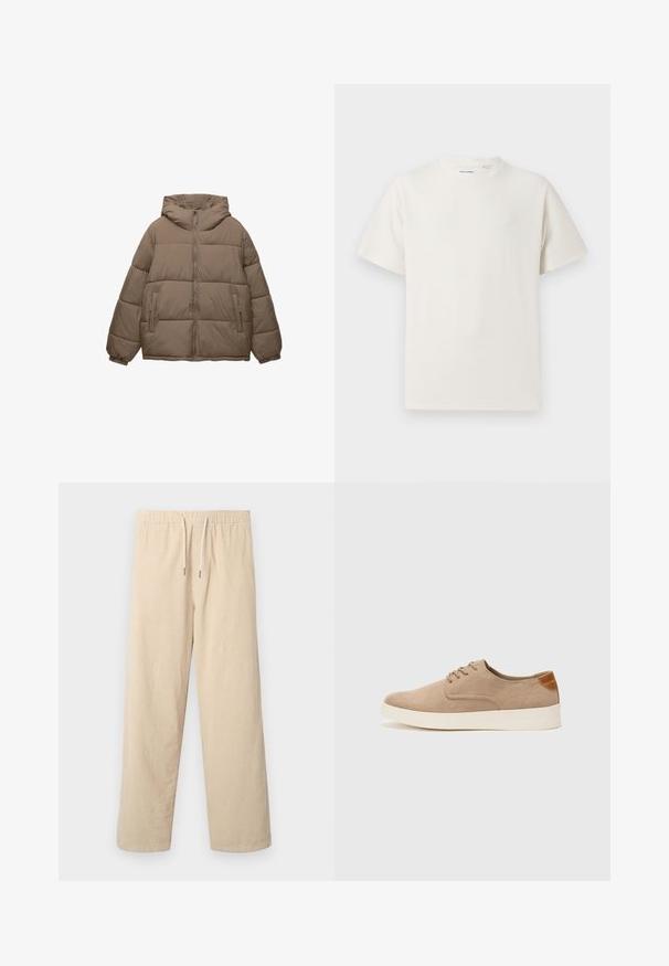 Taupe-farbene, gepolsterte Jacke mit Frontreißverschluss, abnehmbarer Kapuze, elastischen Bündchen und zwei seitlichen Reißverschlusstaschen, auf weißem Hintergrund präsentiert.; Weißes T-Shirt mit kurzen Ärmeln in gerippter Textur. Runder Ausschnitt, lockere Passform, keine sichtbaren Muster oder Akzente. Einfaches und vielseitiges Design.; Beige Cordhosen mit elastischem Bund und Kordelzug, mit weitem Bein und vertikaler Rippstruktur.; Beige Wildleder-Sneaker mit runder Zehenpartie, Schnürung und strukturiertem Rückenteil. Die weiße Gummisohle sorgt für einen Kontrast. Einfaches und modernes Design.