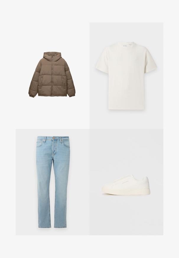 Padded jakna boje taupe s prednjim zatvaračem, pričvršćenim kapuljačom, elastičnim manžetama i dva bočna džepa na zatvarač, prikazana na bijeloj pozadini.; Bijela kratka majica s kratkim rukavima u rebrastoj teksturi. Okrugli izrez, ležeran kroj, bez vidljivih uzoraka ili akcenta. Jednostavan i svestran dizajn.; Svijetloplave traperice ravnog kroja s pet džepova i kopčanjem na gumbe u struku, prikazane ravno na bijeloj pozadini.; Bijele slip-on tenisice s teksturiranom površinom, debelim đonom i minimalističkim dizajnom. Sadrže logo branda sa strane.
