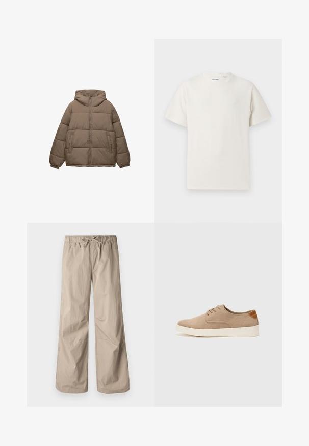 Taupe-colored padded jacket with front zipper, attached hood, elastic cuffs, and two zippered side pockets, displayed on white background.; White short-sleeve T-shirt in a ribbed texture. Round neckline, relaxed fit, no visible patterns or accents. Simple and versatile design.; Beige wide-leg pants with an elastic waistband and drawstring. Smooth texture, two side pockets, and minimal seams for a relaxed fit.; Beige suede sneakers with a rounded toe, lace-up front, and a textured back accent. White rubber sole provides contrast. Simple and modern design.