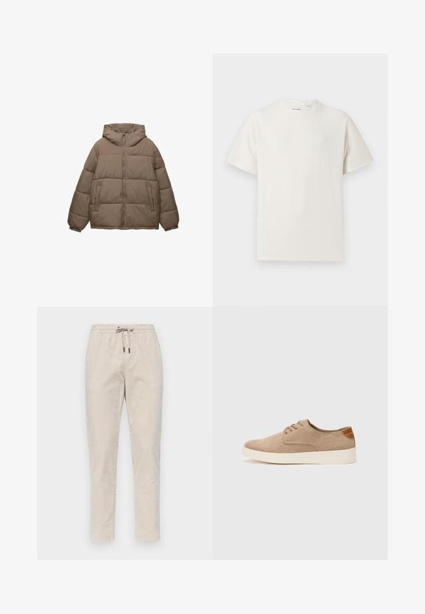Veste matelassée couleur taupe avec fermeture éclair à l'avant, capuche attachée, poignets élastiques et deux poches latérales zippées, présentée sur fond blanc.; T-shirt blanc à manches courtes en texture côtelée. Encolure ronde, coupe décontractée, sans motifs ni accents visibles. Design simple et polyvalent.; Pantalons jogger beige, extensibles, fabriqués en tissu texturé. Caractéristiques : ceinture avec cordon de serrage et jambes fuselées sans poches visibles.; Baskets en daim beige avec un embout arrondi, un laçage sur le devant et un accent texturé à l'arrière. La semelle en caoutchouc blanche offre un contraste. Design simple et moderne.