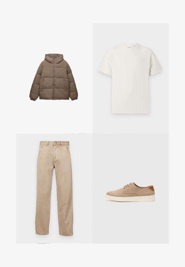 Jasnoszary, pikowany kurtka z zamkiem z przodu, przymocowanym kapturem, elastycznymi mankietami i dwoma bocznymi kieszeniami na zamek, wyeksponowana na białym tle.; Biała krótka koszulka z krótkim rękawem o żebrowanej fakturze. Okrągły dekolt, luźny krój, brak widocznych wzorów lub akcentów. Prosty i uniwersalny design.; Beżowe dżinsy o prostym kroju, z przednimi kieszeniami, metalowym zapięciem na guzik i delikatną teksturą.; Beżowe zamszowe sneakersy z okrągłym noskiem, sznurowanym przodem i teksturowanym akcentem na tyle. Biała gumowa podeszwa tworzy kontrast. Prosty i nowoczesny design.