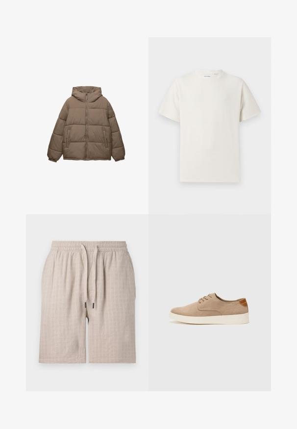Taupe-colored padded jacket with front zipper, attached hood, elastic cuffs, and two zippered side pockets, displayed on white background.; White short-sleeve T-shirt in a ribbed texture. Round neckline, relaxed fit, no visible patterns or accents. Simple and versatile design.; Beige, textured shorts with an elastic waistband and drawstring. Features a subtle check pattern and loose fit. No pockets visible.; Beige suede sneakers with a rounded toe, lace-up front, and a textured back accent. White rubber sole provides contrast. Simple and modern design.