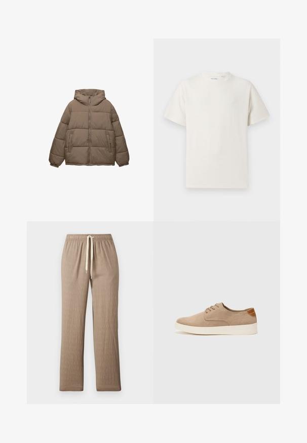 Veste matelassée couleur taupe avec fermeture éclair à l'avant, capuche attachée, poignets élastiques et deux poches latérales zippées, présentée sur fond blanc.; T-shirt blanc à manches courtes en texture côtelée. Encolure ronde, coupe décontractée, sans motifs ni accents visibles. Design simple et polyvalent.; Pantalons en tissu texturé de couleur marron clair avec une taille élastique et un cordon de serrage ajustable. Design à jambe droite sans motifs ni accents visibles.; Baskets en daim beige avec un embout arrondi, un laçage sur le devant et un accent texturé à l'arrière. La semelle en caoutchouc blanche offre un contraste. Design simple et moderne.