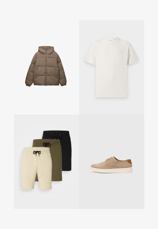 Taupe-colored padded jacket with front zipper, attached hood, elastic cuffs, and two zippered side pockets, displayed on white background.; White short-sleeve T-shirt in a ribbed texture. Round neckline, relaxed fit, no visible patterns or accents. Simple and versatile design.; Three pairs of shorts in beige, olive green, and black. Each has a drawstring waist and pockets, made from a soft, stretchy fabric.; Beige suede sneakers with a rounded toe, lace-up front, and a textured back accent. White rubber sole provides contrast. Simple and modern design.