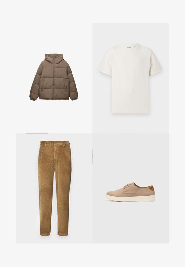 Giacca imbottita color taupe con zip frontale, cappuccio attaccato, polsini elasticizzati e due tasche laterali con zip, esposta su sfondo bianco.; T-shirt bianca a maniche corte in texture a coste. Girocollo, vestibilità rilassata, senza modelli o accenti visibili. Design semplice e versatile.; Pantaloni in corduroy marroni con texture a coste verticali, taglio dritto, chiusura con bottone e passanti per cintura. Tessuto morbido con una finitura liscia.; Sneaker in suede beige con punta arrotondata, stringhe davanti e un accento testurizzato sul retro. La suola in gomma bianca offre un contrasto. Design semplice e moderno.