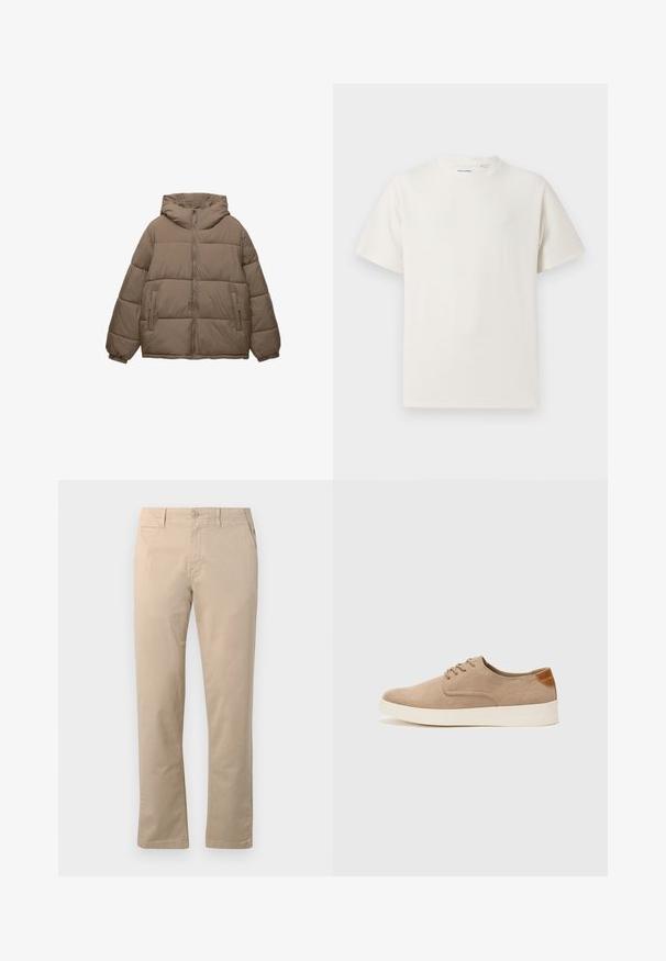 Taupe-colored padded jacket with front zipper, attached hood, elastic cuffs, and two zippered side pockets, displayed on white background.; White short-sleeve T-shirt in a ribbed texture. Round neckline, relaxed fit, no visible patterns or accents. Simple and versatile design.; Beige chinos made of cotton, featuring a straight-leg design, traditional button closure, and side pockets with clean stitching.; Beige suede sneakers with a rounded toe, lace-up front, and a textured back accent. White rubber sole provides contrast. Simple and modern design.