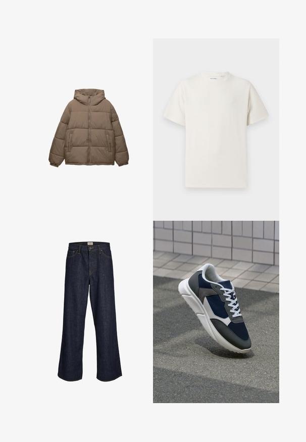 Jachetă căptușită de culoare taupe, cu fermoar frontal, glugă atașată, manșete elastice și două buzunare laterale cu fermoar, expusă pe fundal alb.; Tricou alb cu maneci scurte, dintr-un material ribbed. Guler rotund, croi lejer, fără modele sau accente vizibile. Design simplu și versatil.; Jeansi wide-leg de culoare albastru închis, fabricați din denim, având un fermoar frontal, cinci buzunare și cusături în contrast. Capetele sunt tăiate brut.; Adidași cu un uppers din plasă albastră închisă, accente din suede gri, talpă din cauciuc alb și șireturi plate albe, concepuți pentru confort și respirabilitate.