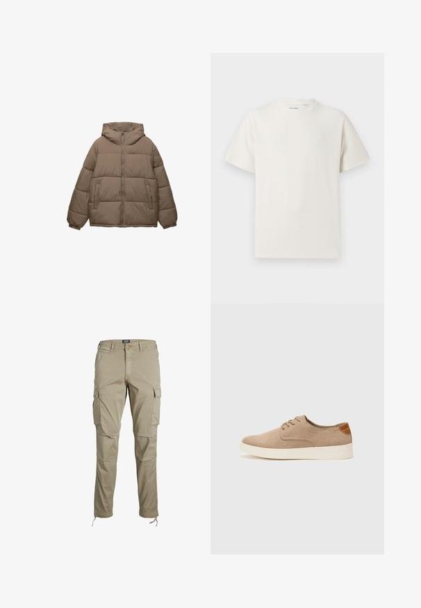 Taupe-kleurige gewatteerde jas met voorrits, vaste capuchon, elastische manchetten en twee ritszakken aan de zijkant, weergegeven op een witte achtergrond.; Witte korte mouwen T-shirt met ribbelstructuur. Ronde hals, ontspannen pasvorm, geen zichtbare patronen of accenten. Eenvoudig en veelzijdig ontwerp.; Jack & Jones JWHACE JJTUCKER ANA - Cargobroek - dune; Beige suède sneakers met een ronde neus, vetersluiting aan de voorkant en een getextureerde achteraccent. De witte rubberen zool zorgt voor contrast. Eenvoudig en modern ontwerp.