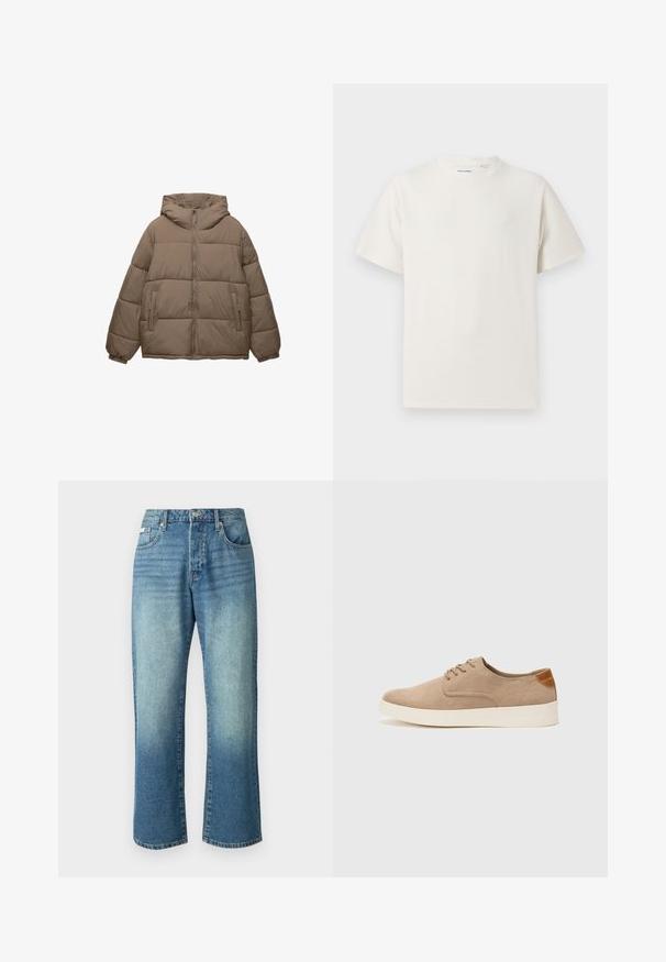 Giacca imbottita color taupe con zip frontale, cappuccio attaccato, polsini elasticizzati e due tasche laterali con zip, esposta su sfondo bianco.; T-shirt bianca a maniche corte in texture a coste. Girocollo, vestibilità rilassata, senza modelli o accenti visibili. Design semplice e versatile.; Jeans in denim azzurro chiaro con gamba dritta, cinque tasche, chiusura frontale con bottone e una leggera scoloritura su tutto il tessuto.; Sneaker in suede beige con punta arrotondata, stringhe davanti e un accento testurizzato sul retro. La suola in gomma bianca offre un contrasto. Design semplice e moderno.