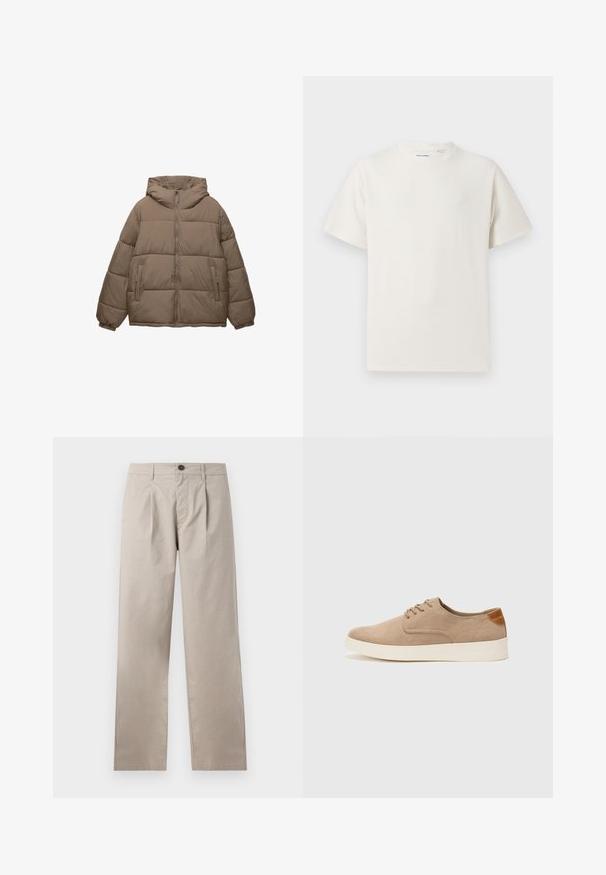 Zelena podložena jakna v taupe barvi z sprednjim zadrgo, pritrjeno kapuco, elastičnimi manšeti in dvema stranskima žepoma z zadrgo, prikazana na beli podlagi.; Bela majica s kratkimi rokavi iz rebraste tkanine. Okrogli izrez, sproščen kroj, brez vidnih vzorcev ali naglasov. Preprosta in vsestranska zasnova.; Bež hlače z ravnimi nogavicami, ki imajo enojne naborke, štiri žepke in sprednji gumb za zapiranje, narejene iz lahkega bombažnega materiala.; Bež tkanine usnjene superge z zaobljenim nosom, vezalkami na sprednji strani in teksturiranim zadnjim detajlom. Belo gumijasto podplato zagotavlja kontrast. Enostaven in sodoben dizajn.