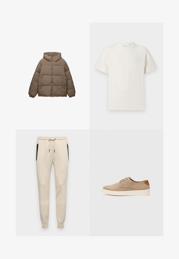 Giacca imbottita color taupe con zip frontale, cappuccio attaccato, polsini elasticizzati e due tasche laterali con zip, esposta su sfondo bianco.; T-shirt bianca a maniche corte in texture a coste. Girocollo, vestibilità rilassata, senza modelli o accenti visibili. Design semplice e versatile.; Pantaloni della tuta beige chiaro con vita regolabile tramite cordino, zip laterali e polsini affusolati con dettagli testurizzati sui pannelli laterali.; Sneaker in suede beige con punta arrotondata, stringhe davanti e un accento testurizzato sul retro. La suola in gomma bianca offre un contrasto. Design semplice e moderno.