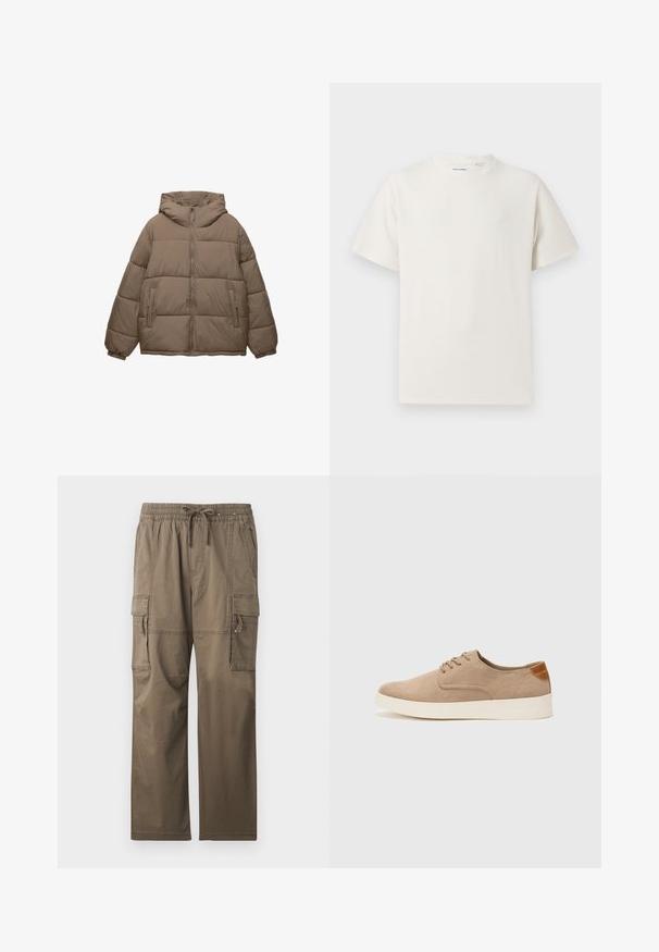 Taupe színű, párnázott dzseki, elülső cipzárral, rögzített kapucnival, elasztikus mandzsettákkal és két cipzáros oldalzsebbel, fehér háttér előtt.; Fehér, rövid ujjú póló bordázott textúrával. Kerek nyakkivágás, laza szabás, nincs látható minta vagy díszítés. Egyszerű és sokoldalú dizájn.; Kíméletes barna színű cargo nadrág, elasztikus derékkal és húzózsinórral, több oldalsó zsebbel és laza szabással.; Beige velúr sportcipő, kerek orral, fűzős elülső résszel és textúrált hátsó részlettel. Fehér gumitalp kontrasztot ad. Egyszerű és modern design.