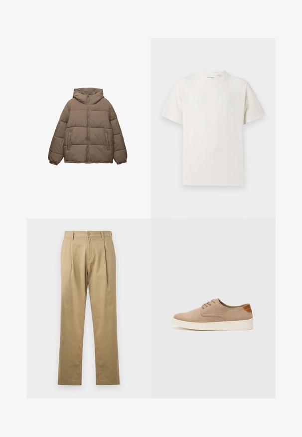 Taupe-kleurige gewatteerde jas met voorrits, vaste capuchon, elastische manchetten en twee ritszakken aan de zijkant, weergegeven op een witte achtergrond.; Witte korte mouwen T-shirt met ribbelstructuur. Ronde hals, ontspannen pasvorm, geen zichtbare patronen of accenten. Eenvoudig en veelzijdig ontwerp.; Beige chinos met een rechte pijp, geplooide voorkant en knoopsluiting. Gladde textuur en standaard ontwerp van de tailleband.; Beige suède sneakers met een ronde neus, vetersluiting aan de voorkant en een getextureerde achteraccent. De witte rubberen zool zorgt voor contrast. Eenvoudig en modern ontwerp.