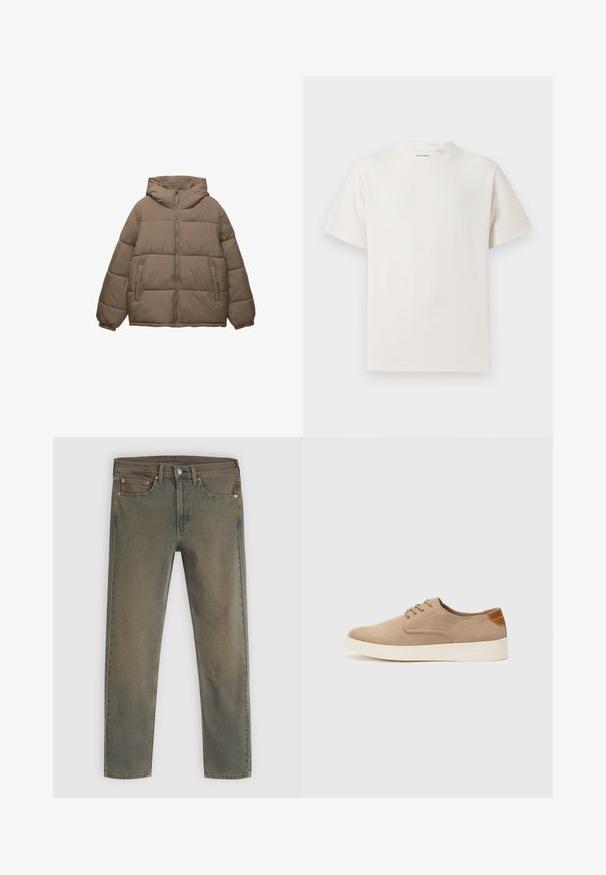 Jachetă căptușită de culoare taupe, cu fermoar frontal, glugă atașată, manșete elastice și două buzunare laterale cu fermoar, expusă pe fundal alb.; Tricou alb cu maneci scurte, dintr-un material ribbed. Guler rotund, croi lejer, fără modele sau accente vizibile. Design simplu și versatil.; Jeans din denim verde închis cu un design cu picior drept, cinci buzunare și accente din cupru. Textura decolorată adaugă un aspect uzat.; Tenisi din suede bej cu vârf rotund, sistem de șireturi în față și un accent texturat în spate. Talpa albă din cauciuc oferă un contrast. Design simplu și modern.