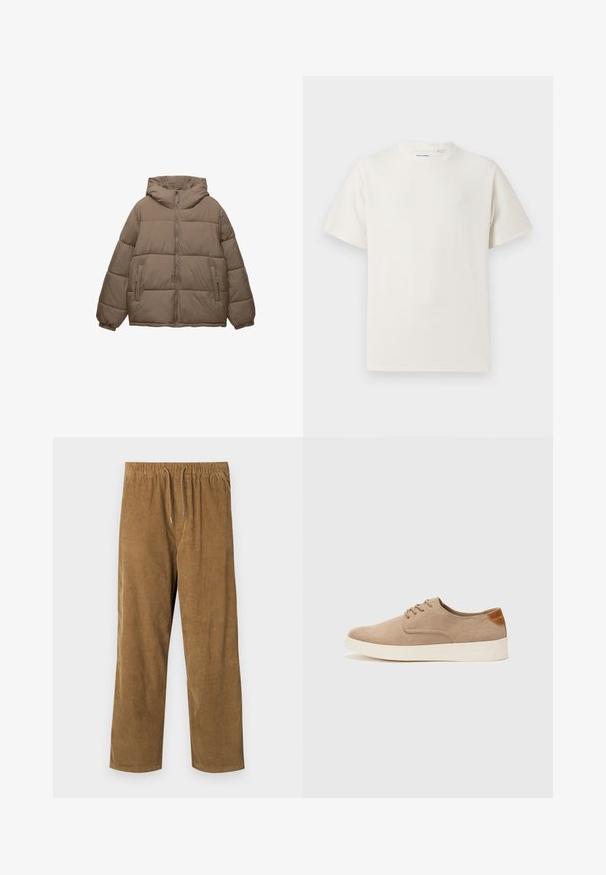 Taupe-farbene, gepolsterte Jacke mit Frontreißverschluss, abnehmbarer Kapuze, elastischen Bündchen und zwei seitlichen Reißverschlusstaschen, auf weißem Hintergrund präsentiert.; Weißes T-Shirt mit kurzen Ärmeln in gerippter Textur. Runder Ausschnitt, lockere Passform, keine sichtbaren Muster oder Akzente. Einfaches und vielseitiges Design.; Kordhosen in einem warmen Braunton mit einem elastischen Bund und Kordelzügen, entspannter Passform und vertikaler Rippstruktur.; Beige Wildleder-Sneaker mit runder Zehenpartie, Schnürung und strukturiertem Rückenteil. Die weiße Gummisohle sorgt für einen Kontrast. Einfaches und modernes Design.