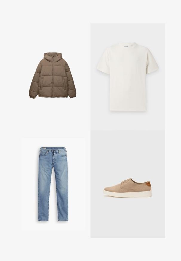 Giacca imbottita color taupe con zip frontale, cappuccio attaccato, polsini elasticizzati e due tasche laterali con zip, esposta su sfondo bianco.; T-shirt bianca a maniche corte in texture a coste. Girocollo, vestibilità rilassata, senza modelli o accenti visibili. Design semplice e versatile.; Jeans in denim blu chiaro con taglio dritto. Presentano un'apertura con bottoni, cinque tasche e una texture leggermente sbiadita.; Sneaker in suede beige con punta arrotondata, stringhe davanti e un accento testurizzato sul retro. La suola in gomma bianca offre un contrasto. Design semplice e moderno.