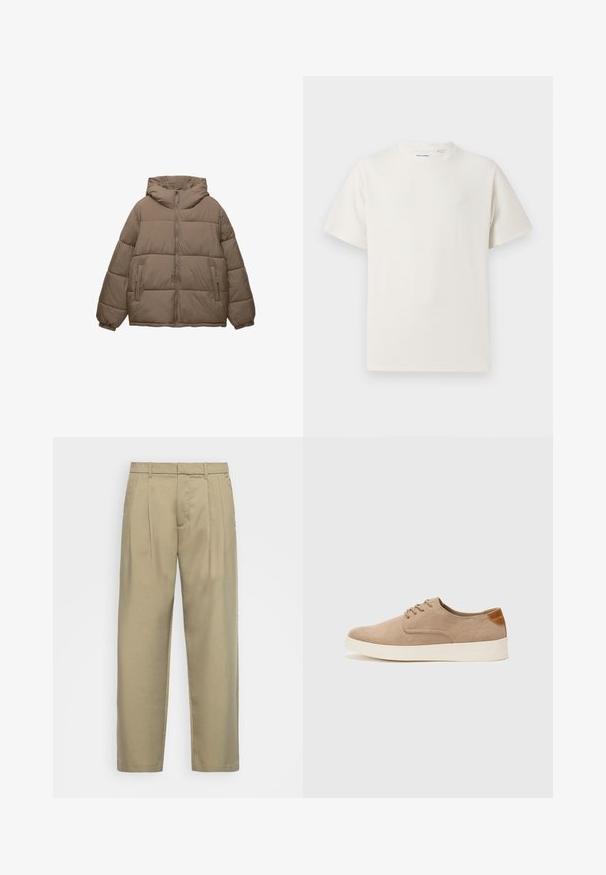Taupe-farbene, gepolsterte Jacke mit Frontreißverschluss, abnehmbarer Kapuze, elastischen Bündchen und zwei seitlichen Reißverschlusstaschen, auf weißem Hintergrund präsentiert.; Weißes T-Shirt mit kurzen Ärmeln in gerippter Textur. Runder Ausschnitt, lockere Passform, keine sichtbaren Muster oder Akzente. Einfaches und vielseitiges Design.; Beige, hochgeschnittene Hose mit geradem Schnitt, flachem Bund, Seitentaschen und einem glatten, strukturierten Stoff.; Beige Wildleder-Sneaker mit runder Zehenpartie, Schnürung und strukturiertem Rückenteil. Die weiße Gummisohle sorgt für einen Kontrast. Einfaches und modernes Design.