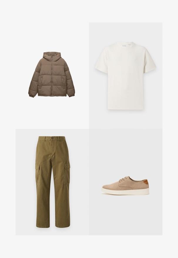Taupe-värinen toppatakki, jossa on edessä vetoketju, kiinnitetty huppu, elastiset hihansuut ja kaksi vetoketjullista sivutaskua, taustana valkoinen.; Valkoinen lyhythihainen T-paita ribbikuviossa. Pyöreä kaula-aukko, rento istuvuus, ei näkyviä kuvioita tai yksityiskohtia. Yksinkertainen ja monikäyttöinen muotoilu.; Oliivinvihreät cargo-housut, jotka on valmistettu puuvillasta, suoran lahkeen kanssa, etupainikkeella ja kahdella sivutaskulla, joissa on läppäkiinnitys.; Beige nubuck-lenkkarit, joissa on pyöreä kärki, nauhakiinnitys ja teksturoitu takaosa. Valkoinen kumipohja tuo kontrastia. Yksinkertainen ja moderni muotoilu.