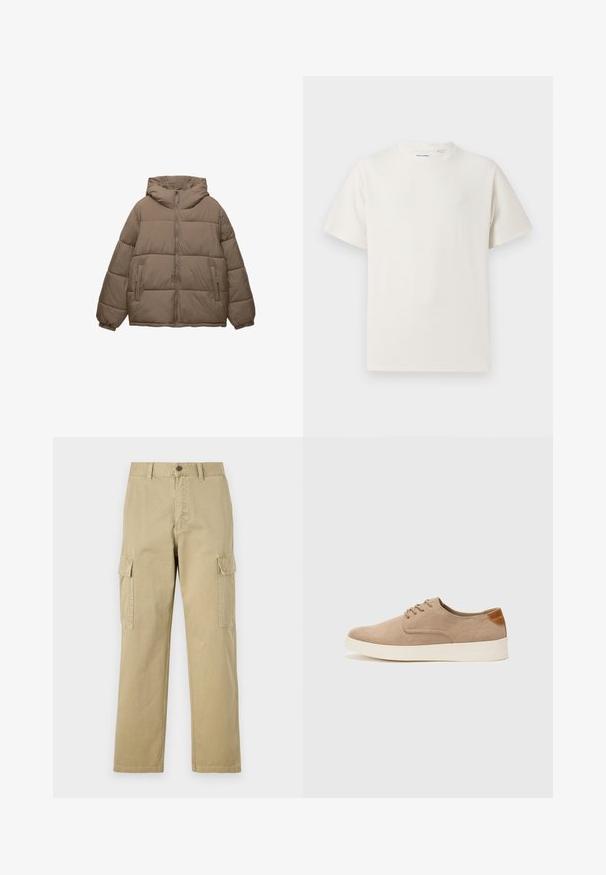Taupe-farbene, gepolsterte Jacke mit Frontreißverschluss, abnehmbarer Kapuze, elastischen Bündchen und zwei seitlichen Reißverschlusstaschen, auf weißem Hintergrund präsentiert.; Weißes T-Shirt mit kurzen Ärmeln in gerippter Textur. Runder Ausschnitt, lockere Passform, keine sichtbaren Muster oder Akzente. Einfaches und vielseitiges Design.; Beige Cargo-Hosen aus Baumwolle, mit zwei Seitentaschen, einem Knopfverschluss und geraden Beinen aus einem leicht strukturierten Stoff.; Beige Wildleder-Sneaker mit runder Zehenpartie, Schnürung und strukturiertem Rückenteil. Die weiße Gummisohle sorgt für einen Kontrast. Einfaches und modernes Design.