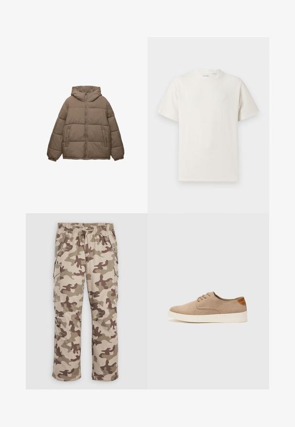 Taupe-värinen toppatakki, jossa on edessä vetoketju, kiinnitetty huppu, elastiset hihansuut ja kaksi vetoketjullista sivutaskua, taustana valkoinen.; Valkoinen lyhythihainen T-paita ribbikuviossa. Pyöreä kaula-aukko, rento istuvuus, ei näkyviä kuvioita tai yksityiskohtia. Yksinkertainen ja monikäyttöinen muotoilu.; Beige ja pruun kamuflaažiga cargo püksid elastse vöökoha, nööride ja nööbitud külg- ning esitaskutega valgel taustal.; Beige nubuck-lenkkarit, joissa on pyöreä kärki, nauhakiinnitys ja teksturoitu takaosa. Valkoinen kumipohja tuo kontrastia. Yksinkertainen ja moderni muotoilu.