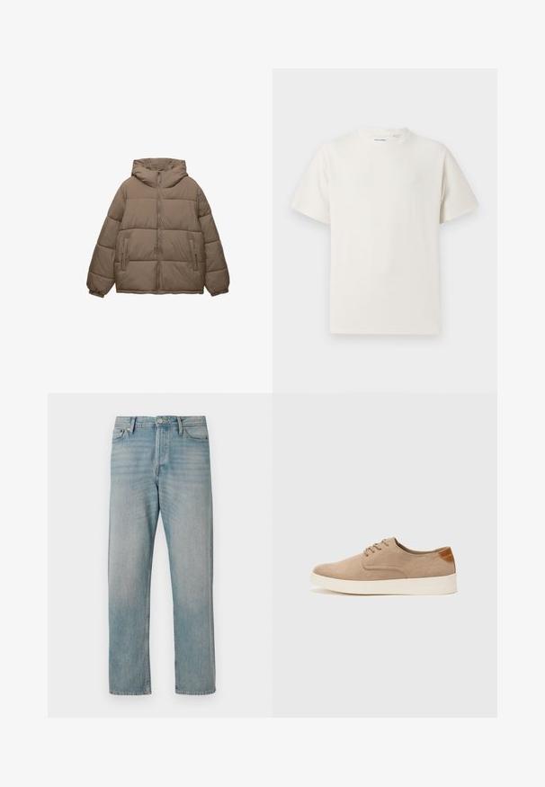 Padded jakna boje taupe s prednjim zatvaračem, pričvršćenim kapuljačom, elastičnim manžetama i dva bočna džepa na zatvarač, prikazana na bijeloj pozadini.; Bijela kratka majica s kratkim rukavima u rebrastoj teksturi. Okrugli izrez, ležeran kroj, bez vidljivih uzoraka ili akcenta. Jednostavan i svestran dizajn.; Svijetloplave traperice ravnog kroja, imaju klasične pet džepova, zatvaranje na dugme i suptilno istrošenje za teksturu.; Bež nubuk tenisice s okruglim vrhom, vezanjem sprijeda i teksturiranim stražnjim naglaskom. Bijela gumena potpetica pruža kontrast. Jednostavan i moderan dizajn.